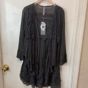 PRETTY ANGEL dk gray/blue lacy top Sz XL